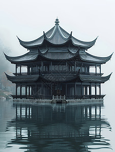 湖中的中国亭背景图片