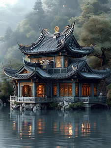 湖上的中式建筑图片