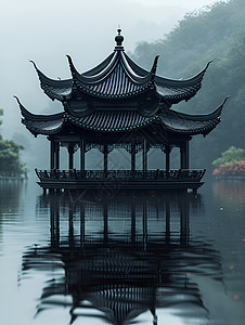 湖光雾影中的亭台图片