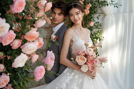 新娘和新郎在粉色玫瑰前图片