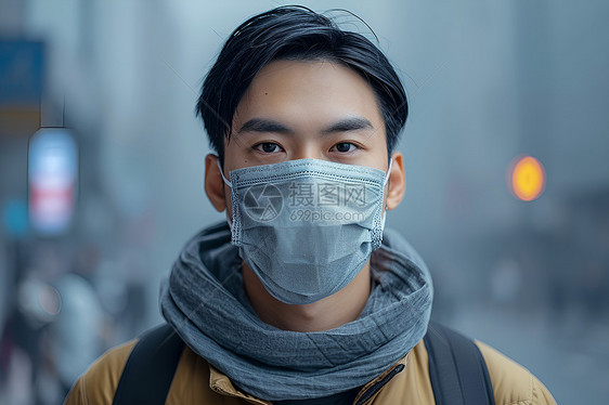 城市街道上戴着防护口罩的男子图片
