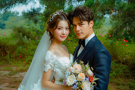 新婚夫妇在花丛中背景图片