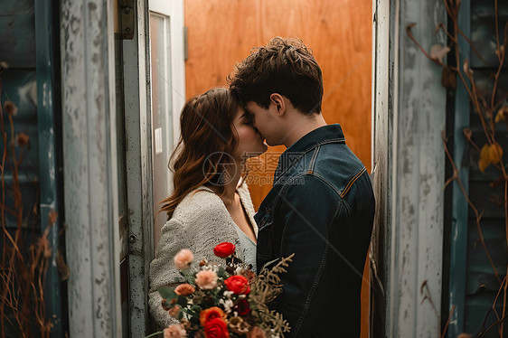 门口浪漫接吻的美丽情侣图片