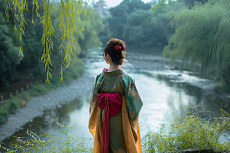 夏季湖畔的美丽女子背景图片