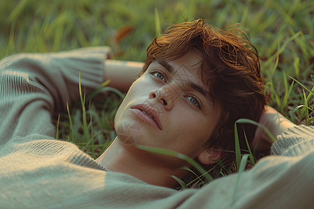 男子躺在草地上图片