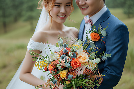 新婚夫妇与花束背景图片