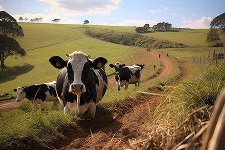 牛群穿行在草地图片