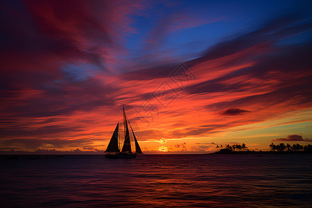夕阳下的海上帆船背景图片