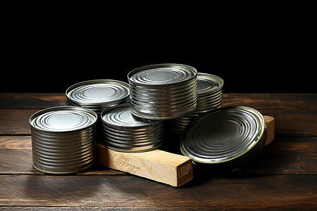 金属托盘食品罐头堆放在桌上背景