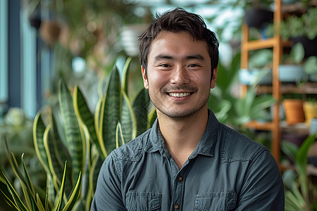 虎尾兰绿植前微笑的男子背景