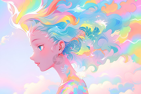 彩虹色发丝中的少女图片