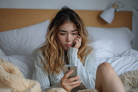 女人坐在床上玩手机背景图片