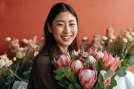 亚洲女子手持花束图片