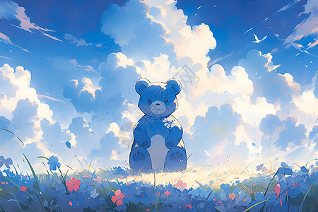 花海中的蓝色小熊背景图片