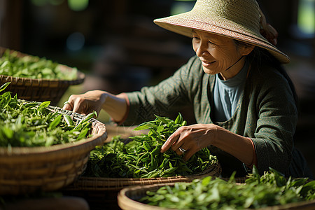 女性采摘茶叶图片