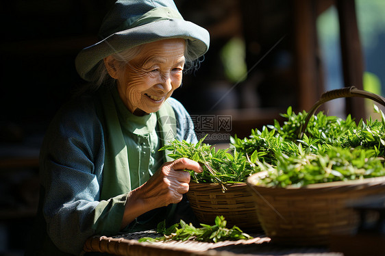 女性采摘新鲜的茶叶图片