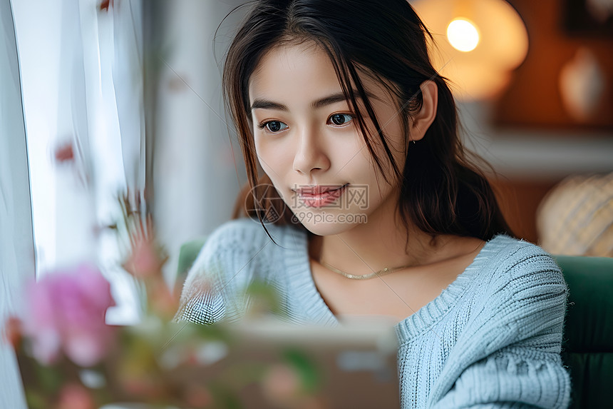 沉浸在电子世界中的女子图片