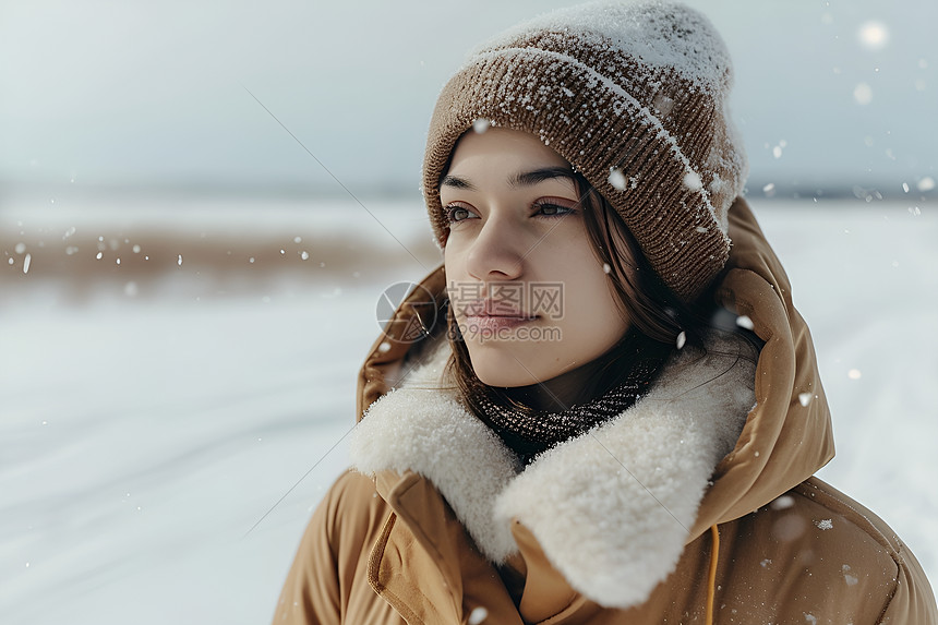冬天中的棕色外套女子图片