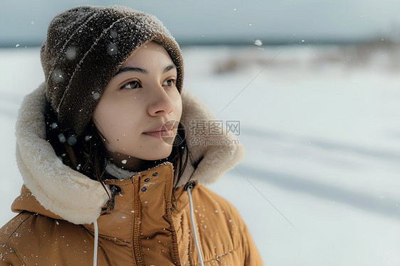雪地中站立的年轻女子图片
