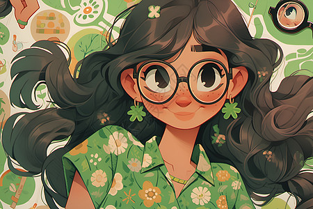 清新自然的绿衣少女插图背景图片