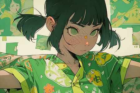 动漫风格的绿衣少女图片