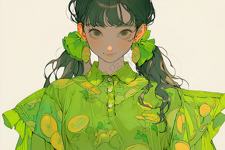 二次元动漫风格的绿衣少女图片