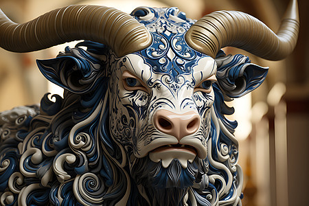 蓝白陶瓷风格的犀牛插图图片