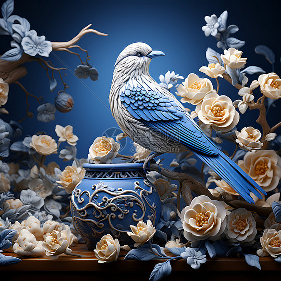 青花瓷风格的鸟语花香插图图片