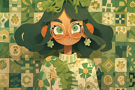 清新绿意的绿衣少女插图背景图片
