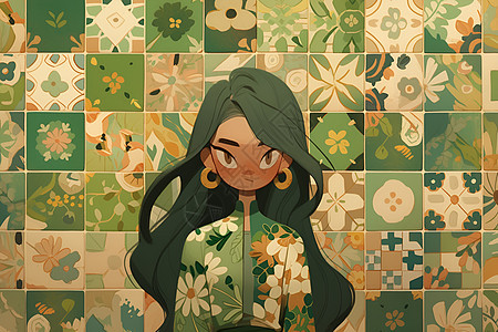 创意艺术的绿衣少女插图图片