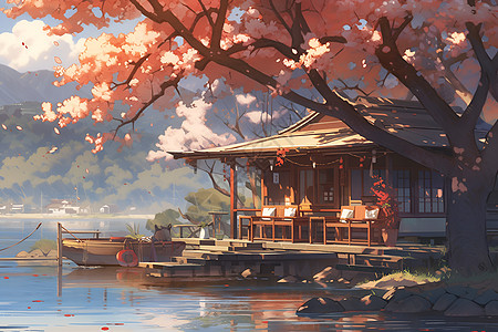 动漫风格的春日湖畔插图背景图片