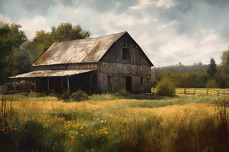 油画风格的乡村谷仓背景图片