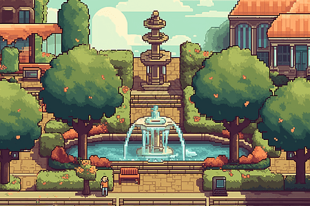 带喷泉和长凳的像素艺术城市公园插画