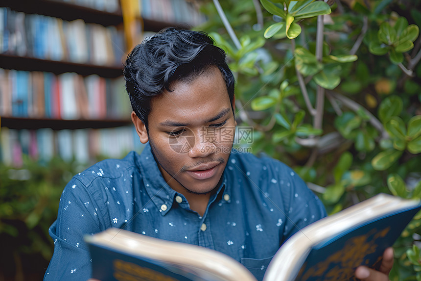 图书馆中阅读书籍的外国男子图片