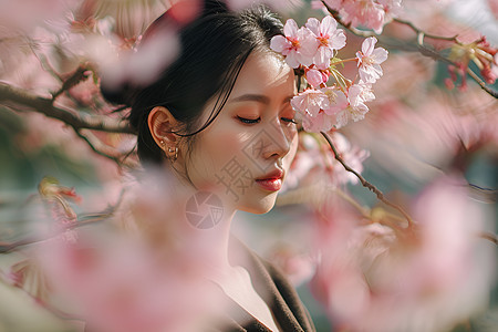 樱花下的女子背景图片