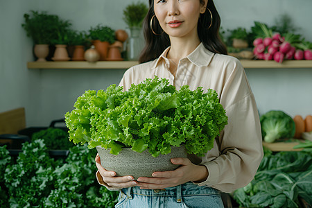 拿着绿叶菜的女人图片