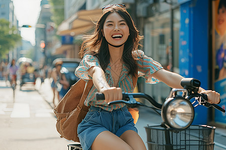 街道中骑车的女人图片