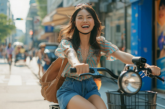 街道中骑车的女人图片