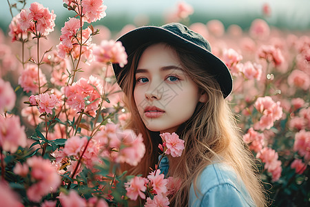 花海与女子图片