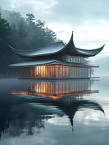 湖畔的迷雾中的建筑图片