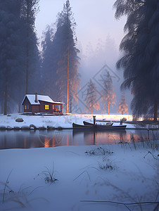 寂静冬夜林间小屋图片