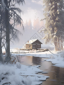 孤寂的冬日小屋图片