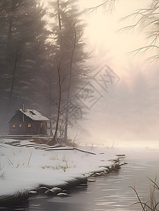 冬日河边小屋图片