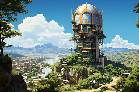 未来城市的水塔建筑背景图片
