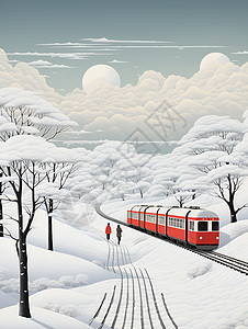 红色火车穿越白雪森林图片