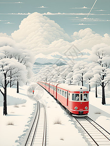 红火车穿越雪白世界图片