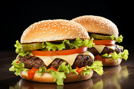 美味无比的双层芝士汉堡背景图片
