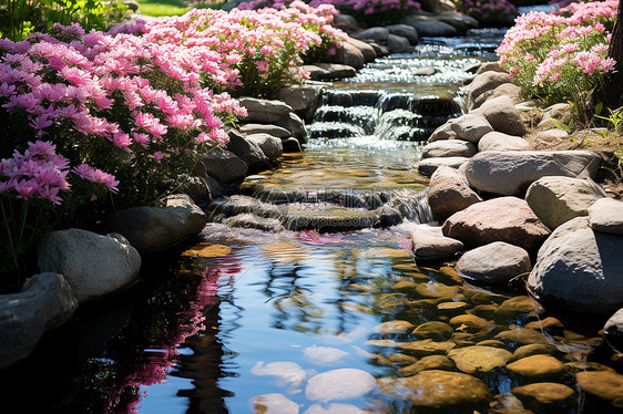 水流环绕着岩石和花朵图片