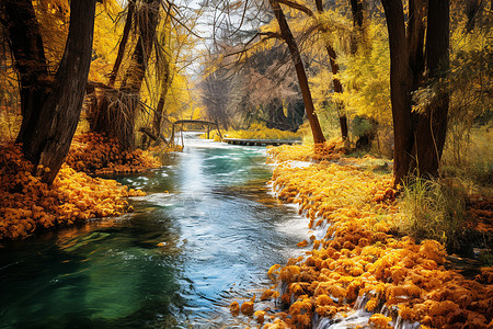 秋日森林中的河流高清图片