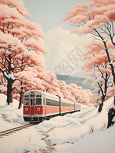 雪地中行驶的红色火车图片